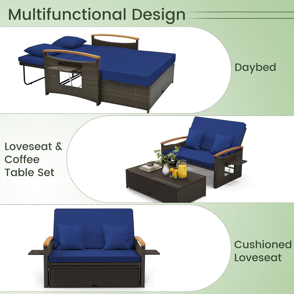 Tangkula Patio Rattan Daybed, Outdoor Wicker Loveseat, Mix Brown & Navy