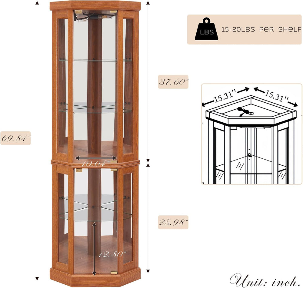 Corner Curio Cabinet, 70" H Lighted Glass Display Cage with Tempered Gla...