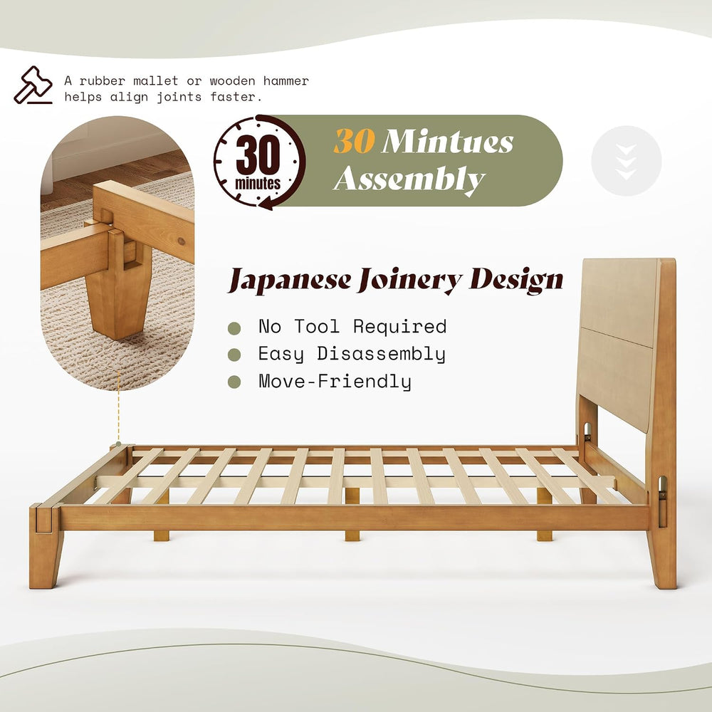 AMERLIFE Solid Wood Queen Bed Frame with Headboard, Japanese Joinery, Brown