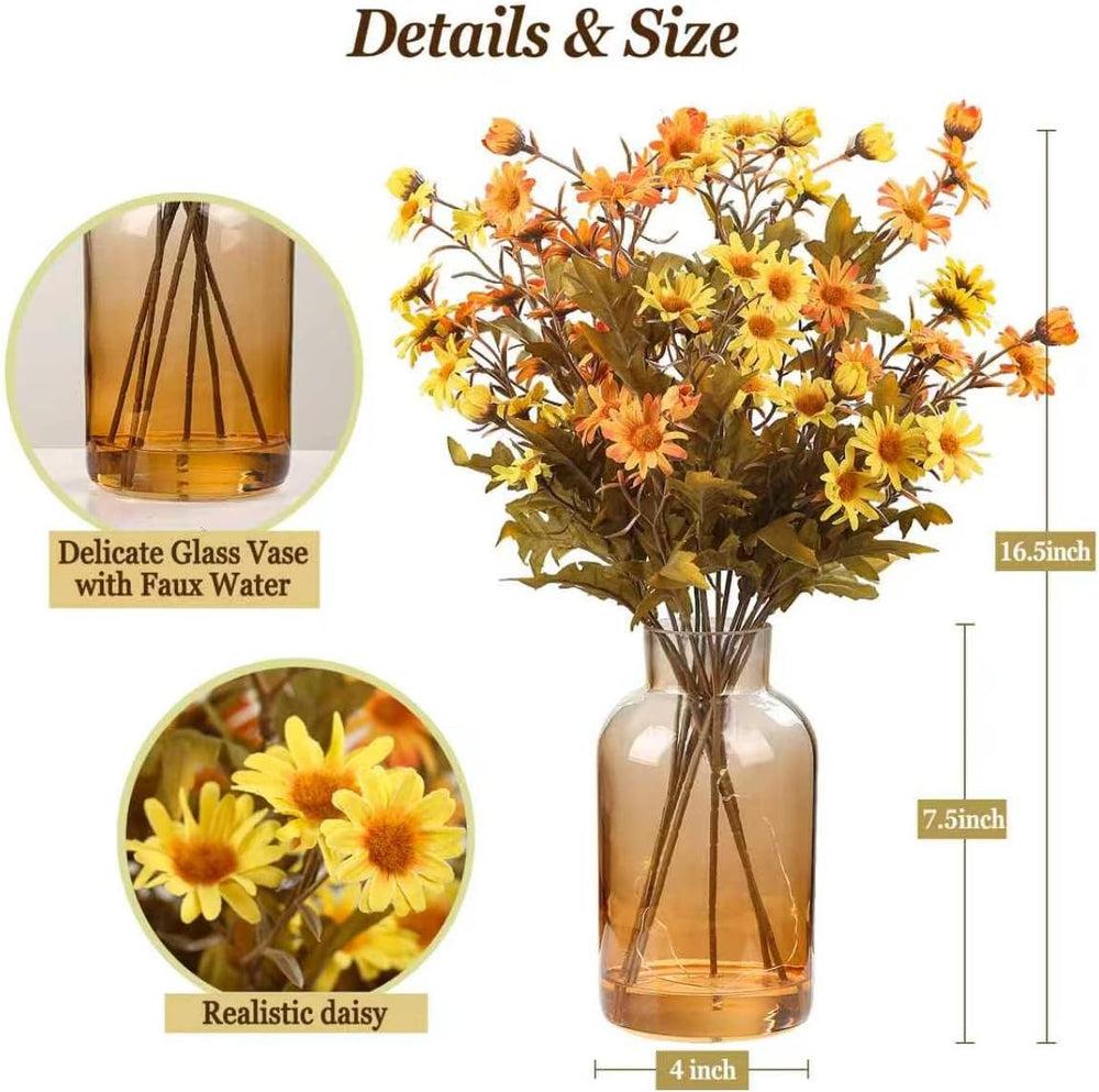 Artificial Daisy Flowers Fall Flowers in Amber Glass Vase with Faux Water