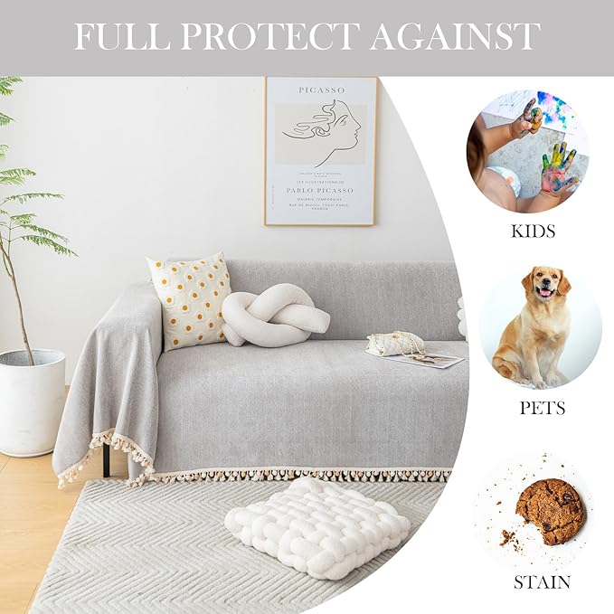 HANDONTIME Grey Sofa Cover for Couch Boho Couch Cover for 3 Seat Couches Dog - Image 4