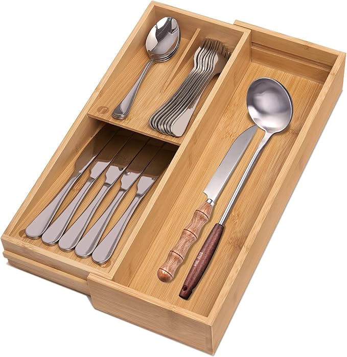 guiogc Bamboo Kitchen Drawer Organizer, Cutlery Tray by guiogc