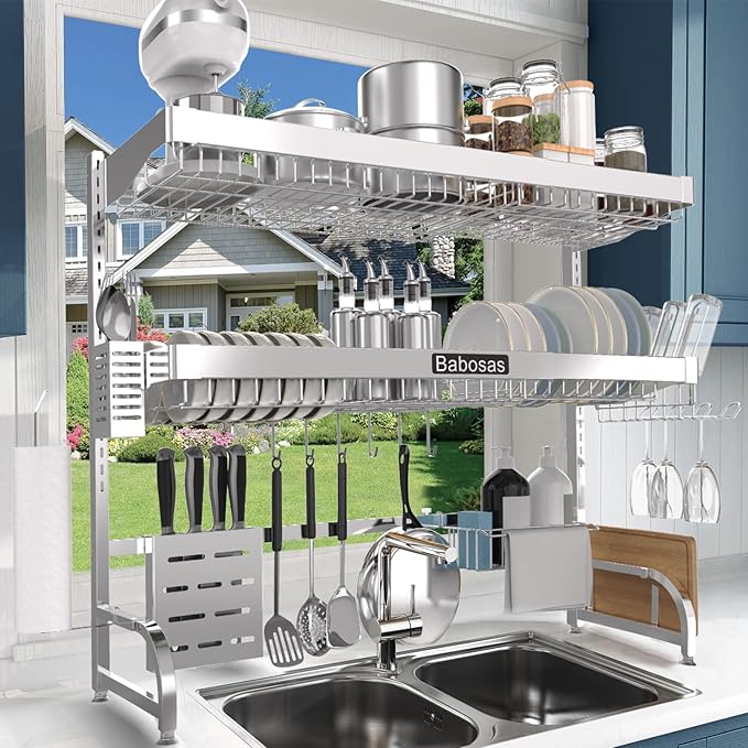 Over The Sink Dish Drying Rack, 3 Tier Adjustable Length Full Stainless Steel by Babosas