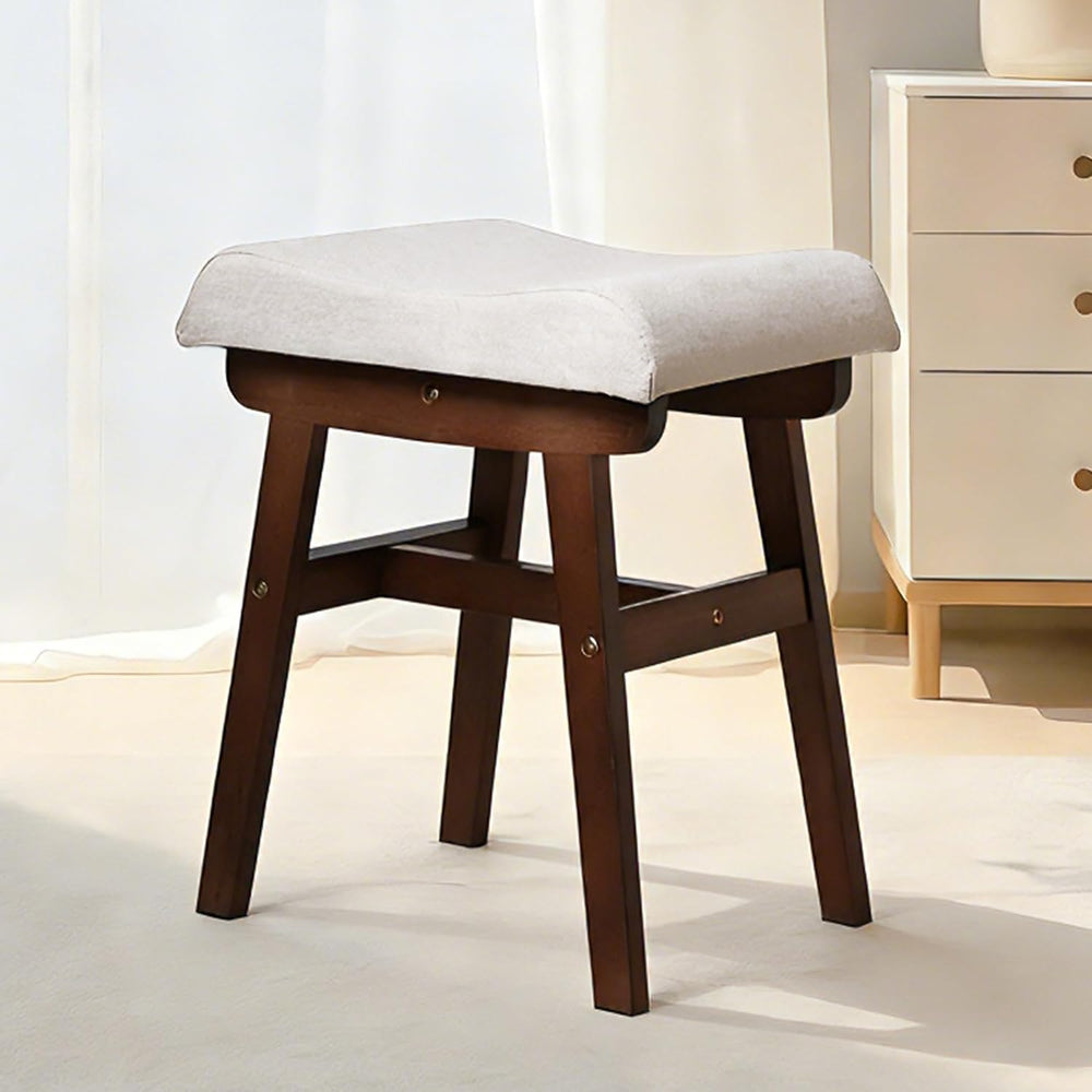 Vanity Stool with Linen Upholstery & Carved Solid Wood Legs | 17.7 Inch C...