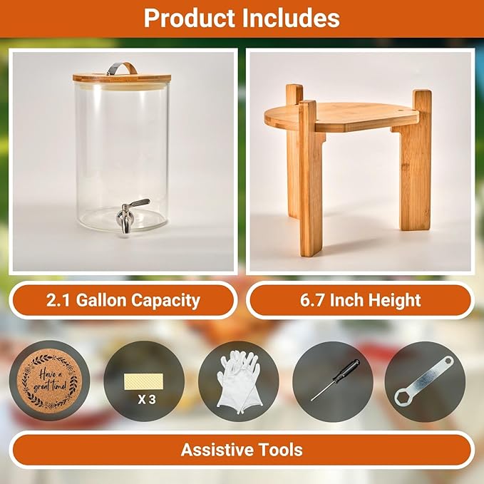 Glass Beverage Dispenser with Bamboo Stand and Lid, Iced 2.1 Gallon Drink - Image 7