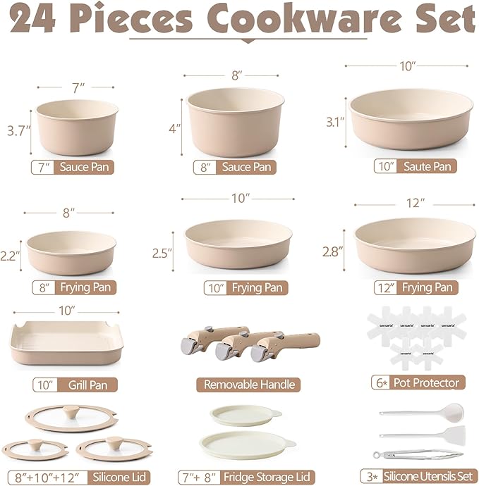 SENSARTE 24 Piece Ceramic Pots and Pans Set, Nonstick Detachable Handle Cookware - Image 2
