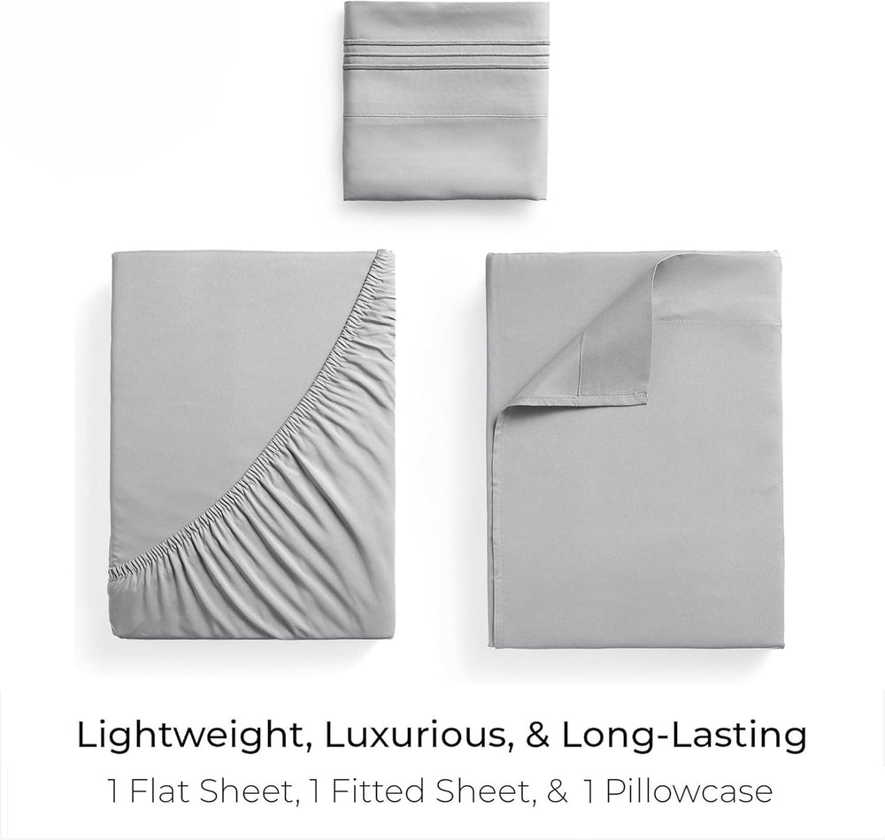 Mellanni Iconic 3-Piece Bed Sheet Set, 16" Deep Pocket (Twin, Light Gray)