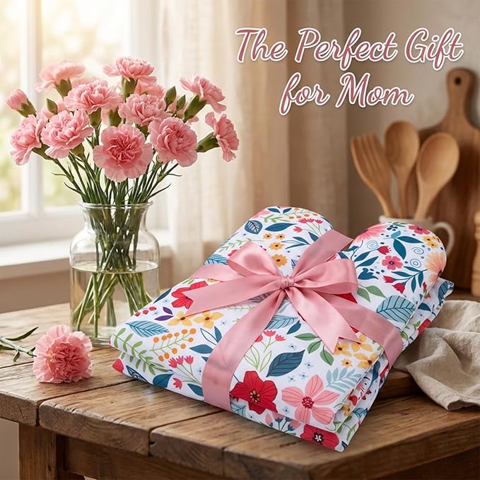 Floral Apron and Oven Mitt Set 5 Piece, Pioneer Woman Style Kitchen Aprons - Image 4