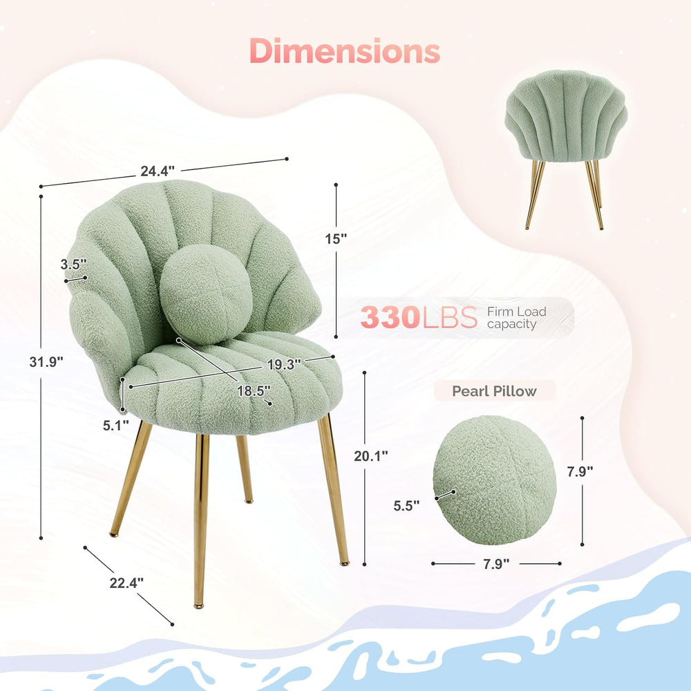 VINGLI Shell-Shaped Teddy Fleece Accent Vanity Chair with Back,Comfy Green an...