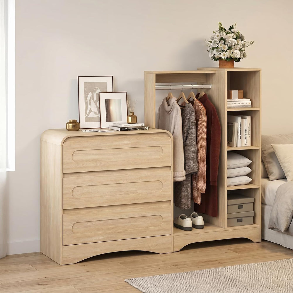 Dresser with Clothes Hanging Rack, Wardrobe Closet w/ 3 Drawers and Shelves