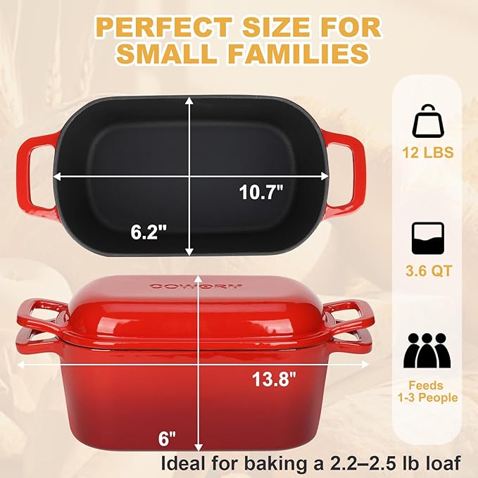 3.6QT Oval Enameled Cast Iron Dutch Oven, Sourdough Bread Baking Pan