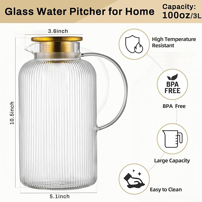 Buaic Glass Pitcher with Lid, 100 oz/ 3 Liter Classic Vertical Stripes Water - Image 2