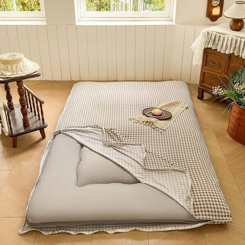 tan gingham queen japanese floor mattress futon cover, main product view