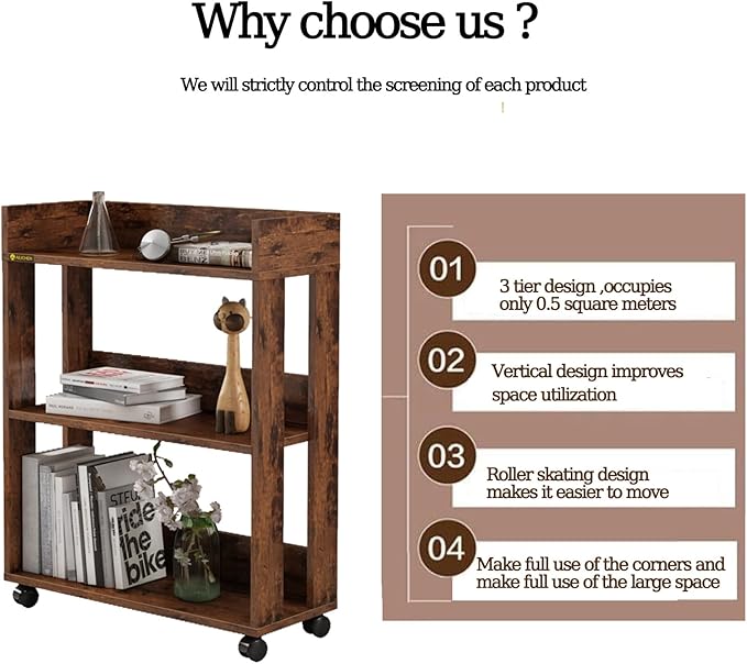 ALISENED 3 Tier Nightstand with Wheels, Wood Small Bookshelf and Bookcase, Fa...