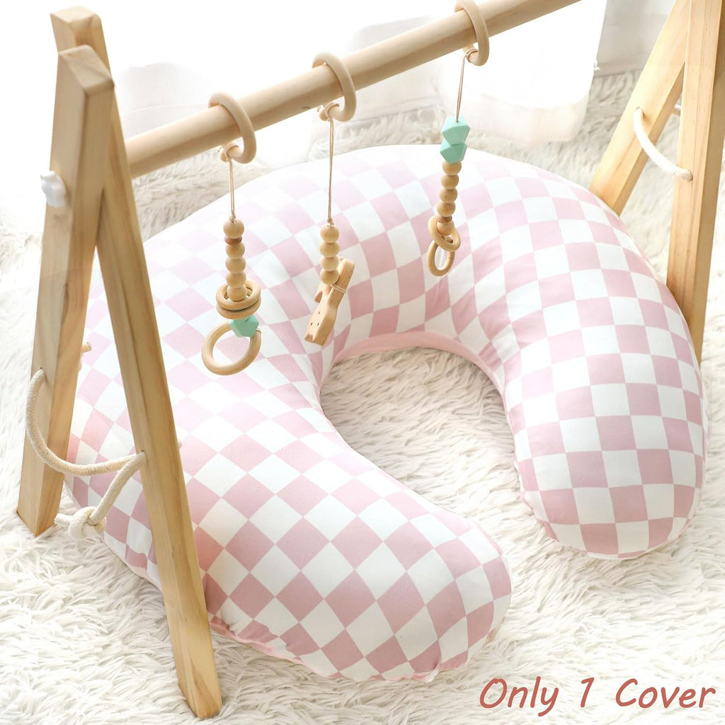 Nursing Pillow Cover 1 Pack, DAYEEBALL Double-Sided Removable Nursing Cover for Baby Girls Boys Newborn, Stretchy and Soft Reversible Slipcover for Breastfeeding Pillow, Pink Checkerboard (Only Cover)