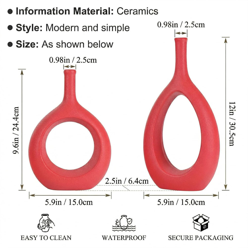 Red Ceramic Hollow Elliptical Vase Set of 2 - Boho Circle Vase with Hole, for...