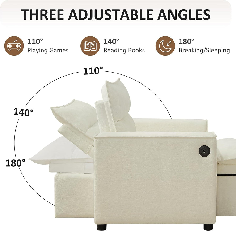 VANOMi Convertible 3-in-1 Sleeper Chair Sofa Bed, USB Ports, Chenille Beige