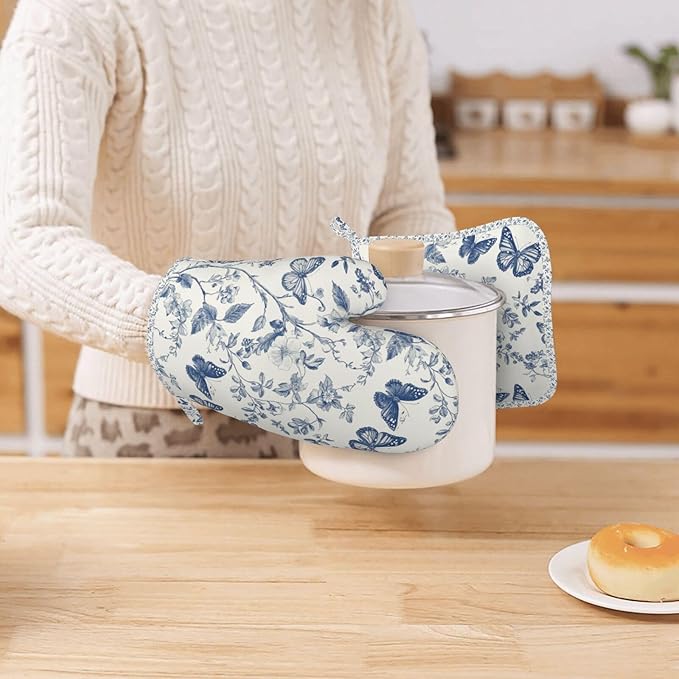 Oven Mitts and Pot Holders Butterfly Flower Vintage Blue Silicone Kitchen - Image 7