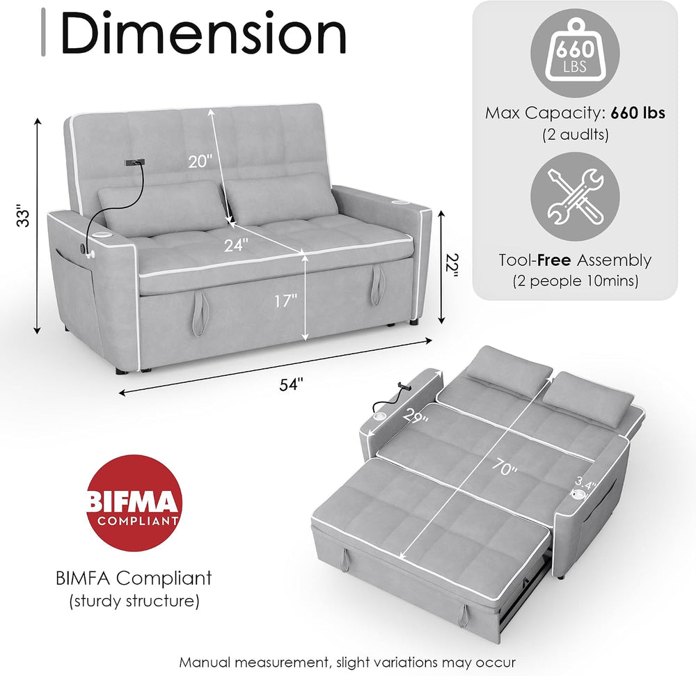 54'' Sleeper Sofa, Convertible Sofa Bed with Phone Holder, Pull Out C...