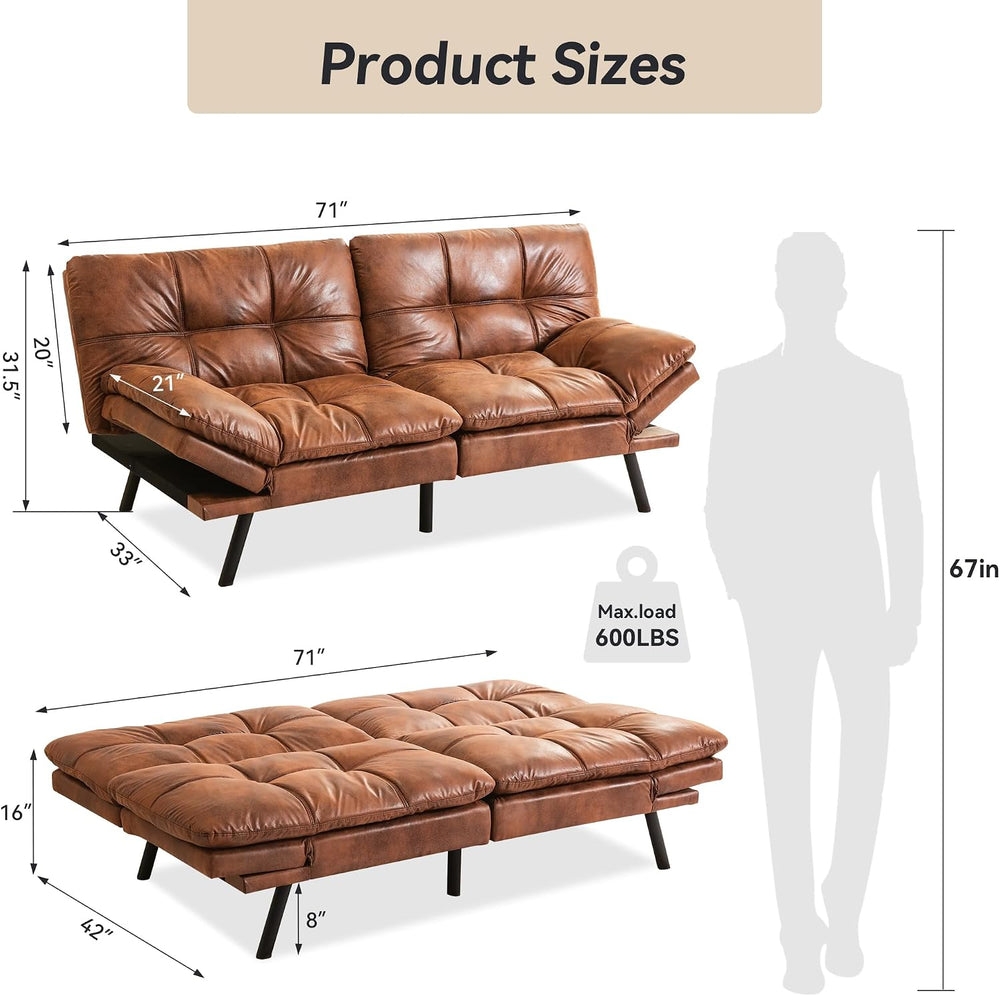 Brown Faux Leather Futon Sofa Bed,Convertible Futon Couch