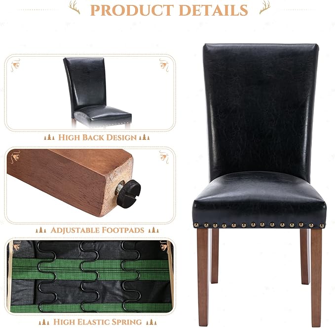 Parsons Dining Chairs Set of 2, Upholstered Nailhead PU Leather Dining Room K...