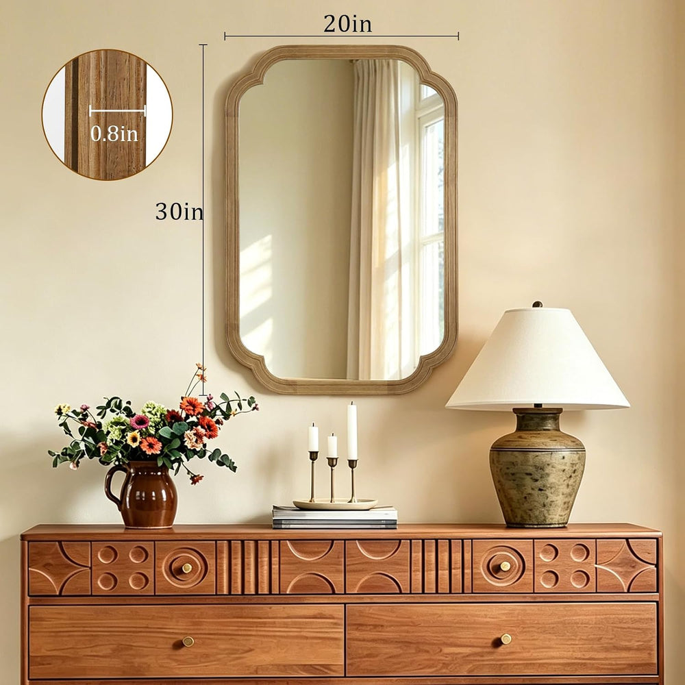 Wood Bathroom Mirror for Wall Decor Arched Rounded Corner Rustic Wood Frame W...