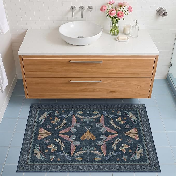 Dark Blue 2x3 Small Rugs for Bathroom Non Slip, Washable Vintage Boho Insect by HazoHaus