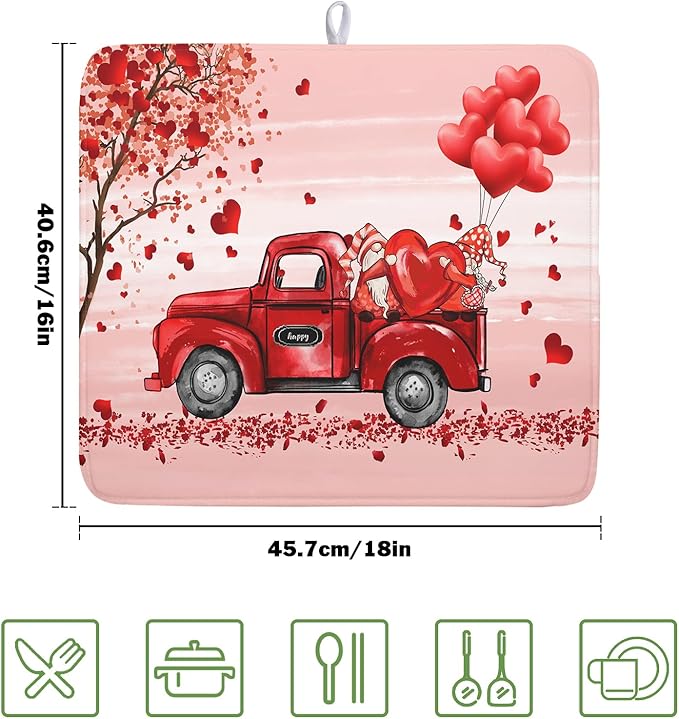 Valentine's Love Truck Dish Drying Mat, Valentine Red Gnomes Dish Drying Mat - Image 2