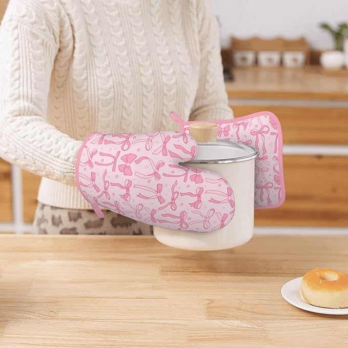 Pink Cute Ribbon Bow Silicone Oven Mitts Pan Mats Set of 2, Heat Resistant - Image 7