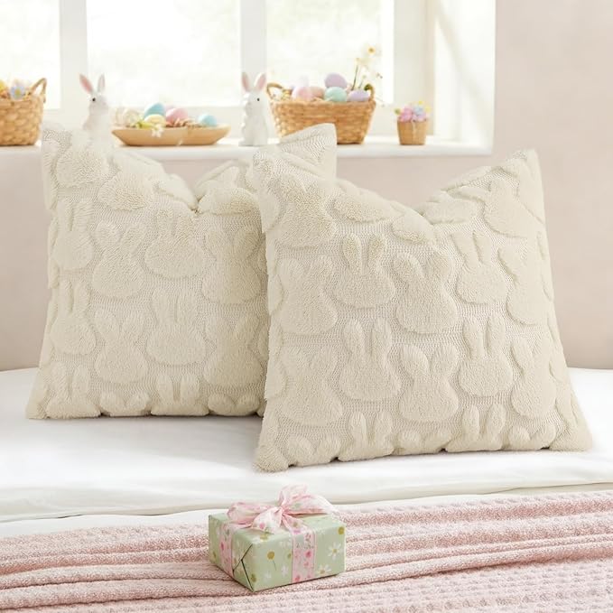 decorUhome Easter Bunny Pillow Covers 18x18 Inch Set of 2, Soft Plush Faux Wool - Image 4
