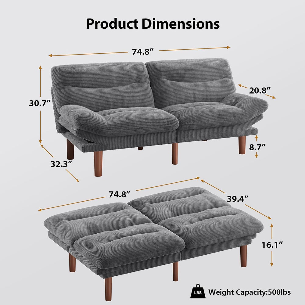 Pipishell Convertible Futon Sofa Bed, Corduroy, 75 inch, Charcoal Gray