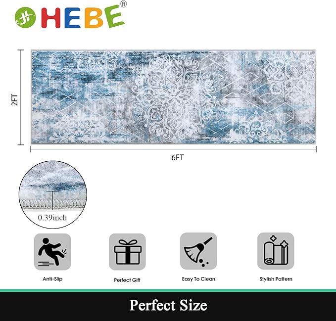 HEBE Hallway Runner Rug 2'x6' Washable Vintage Distressed Area Rugs Non Slip - Image 2