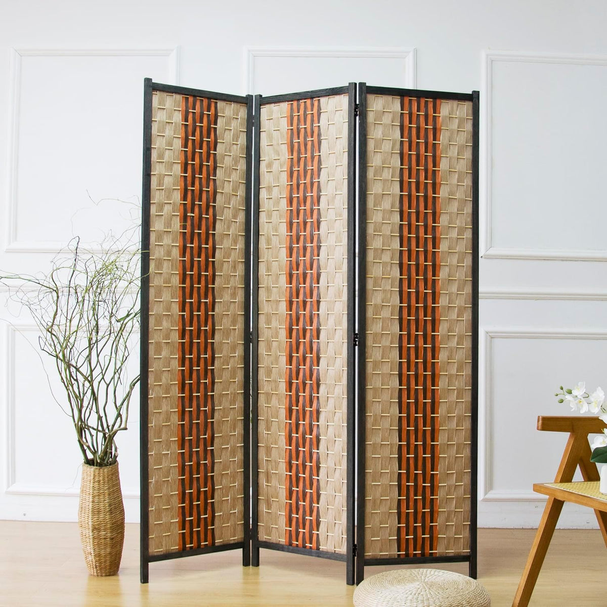 furnnylane 3 panel rattan room divider, beige orange, main product view