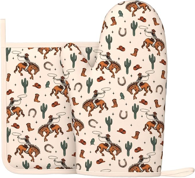 Western Cactus Cowboy Boho Silicone Oven Mitts Pan Mats Set of 2, Heat by Cayiibe