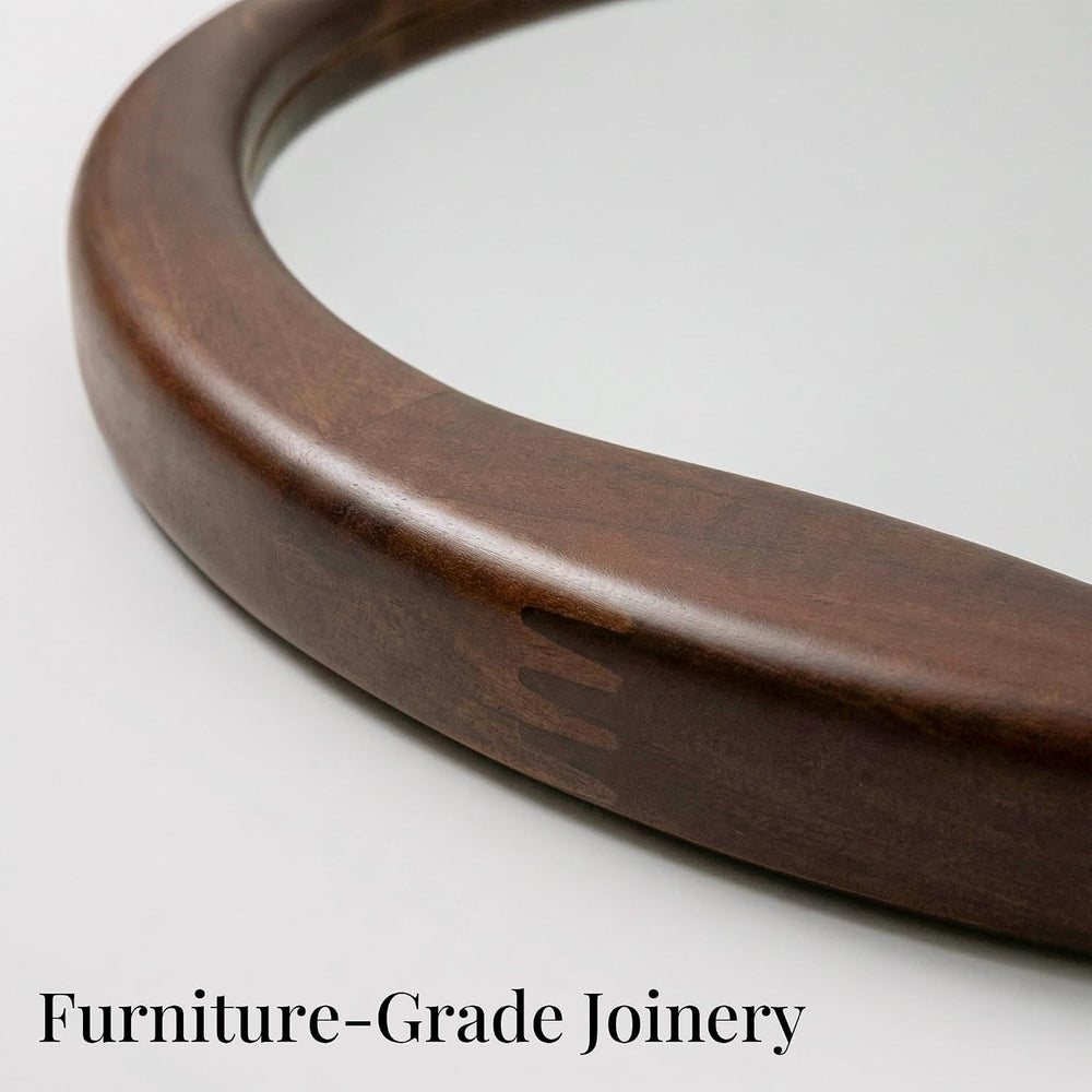 24 Inch Dark Walnut Round Wood Bathroom Mirror, Wavy Inner Edge