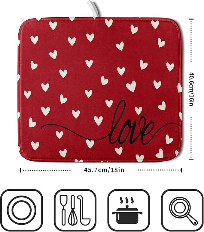 Giwawa Red Hearts Dish Drying Mat 16"x18", Valentines Day Symbol of Love Dish - Image 2