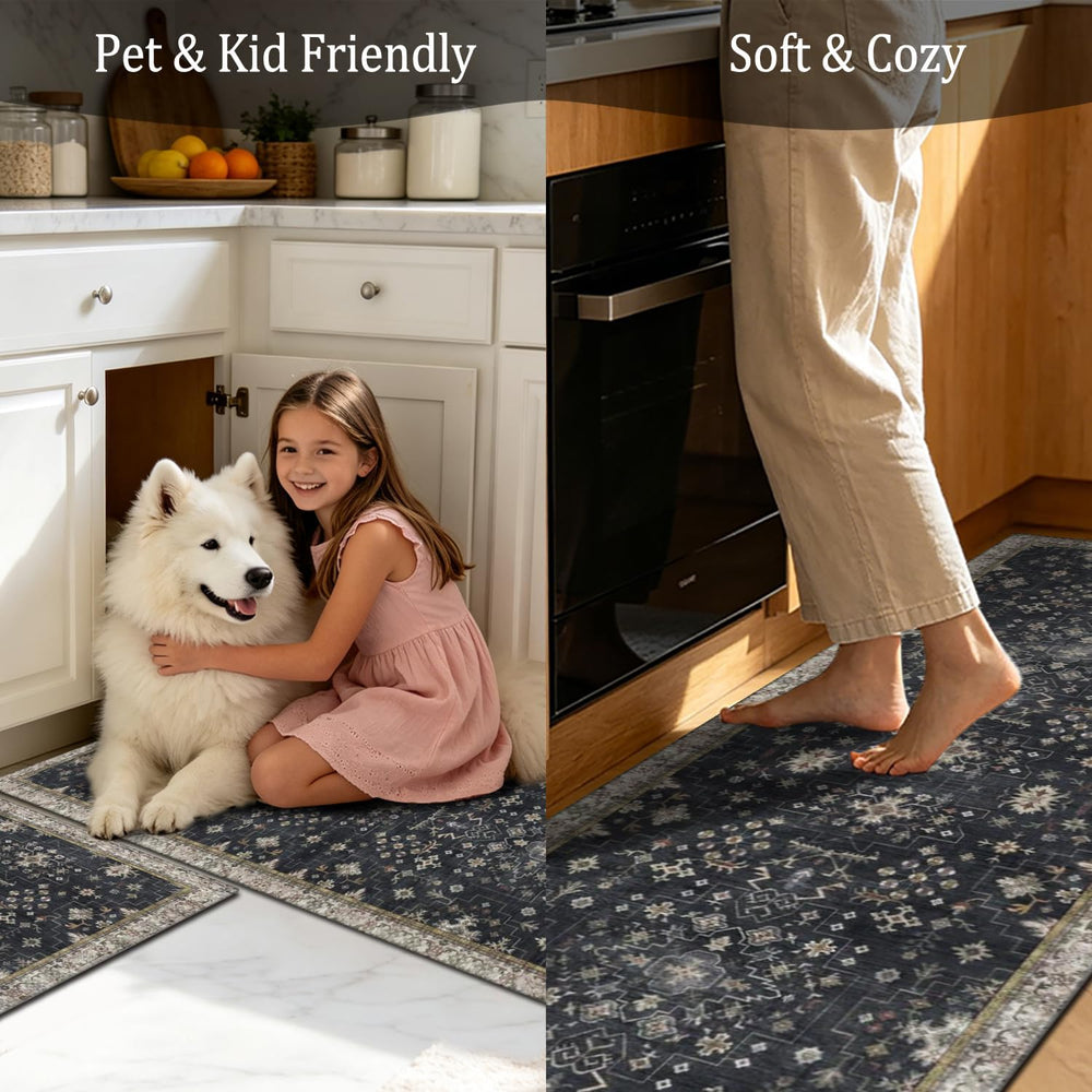 Black Boho Kitchen Rugs Set of 3, Non-Slip Machine Washable Kitchen Floor Mat...