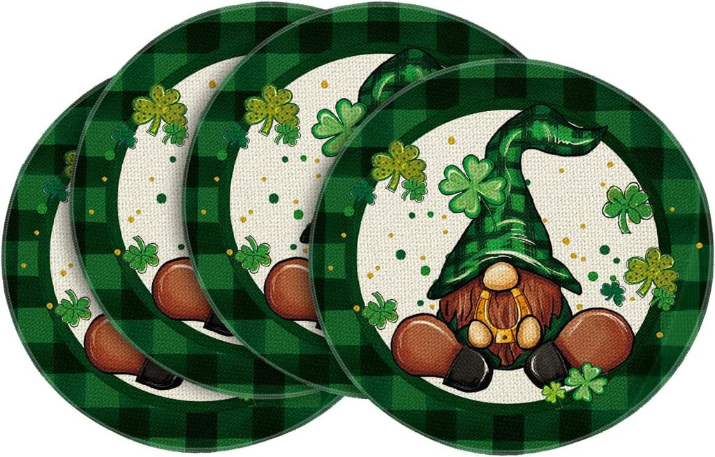 Artoid Mode Green Lucky Gnome St. Patrick's Day Round Placemats Set of 4,14 Inch Seasonal Holiday Farmhouse Table Mats for Party Kitchen Dining Decoration