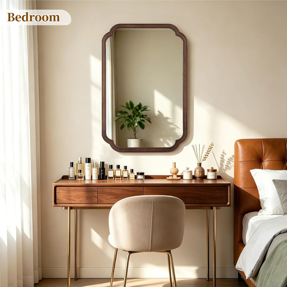 Wood Bathroom Mirror for Wall Decor Arched Rounded Corner Rustic Wood Frame W...