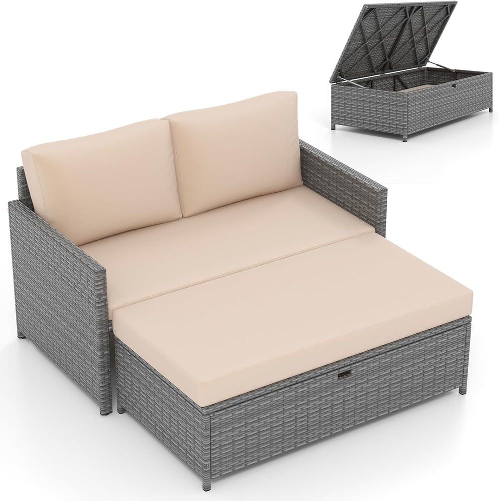 Tangkula Outdoor Rattan Daybed, Wicker Loveseat & 31 Gallon Storage Ottom...