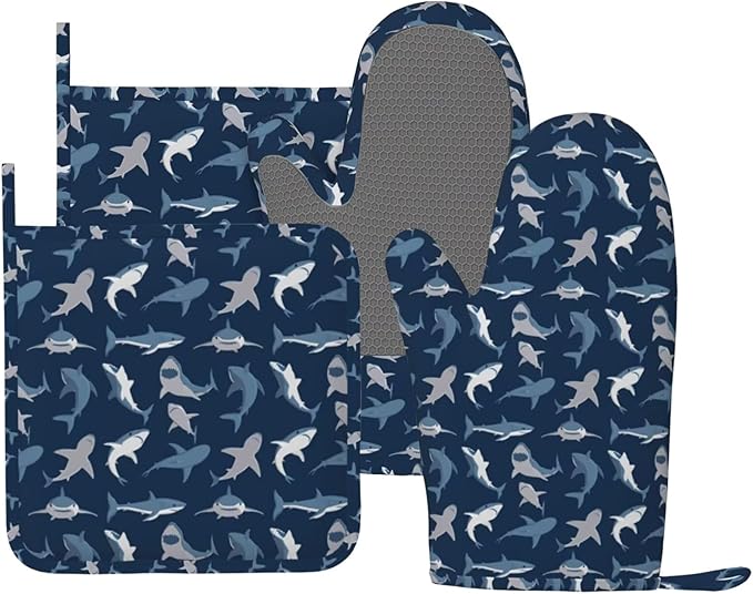 Cool Sharks Oven Mitts and Pot Holders Set of 4 Silicone Blue Grey Sharks by BOKEKANG