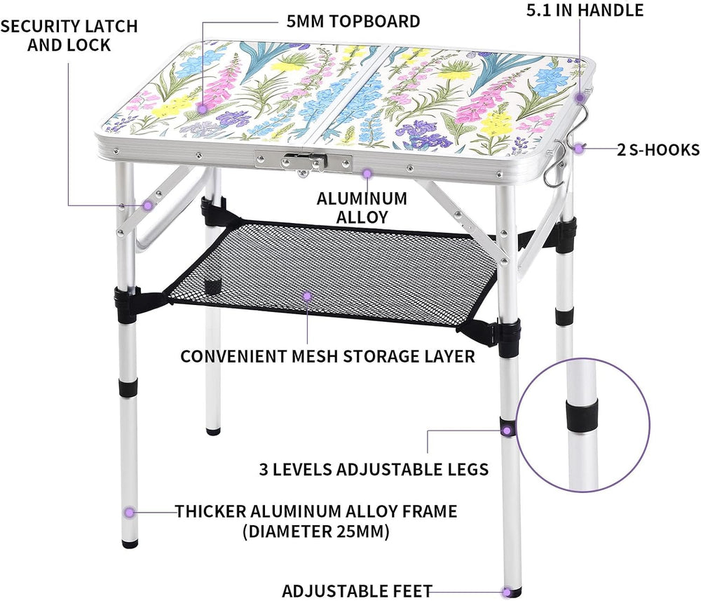 Yriuat Folding Camping Table 2ft Portable Picnic Table, Blooming Floral