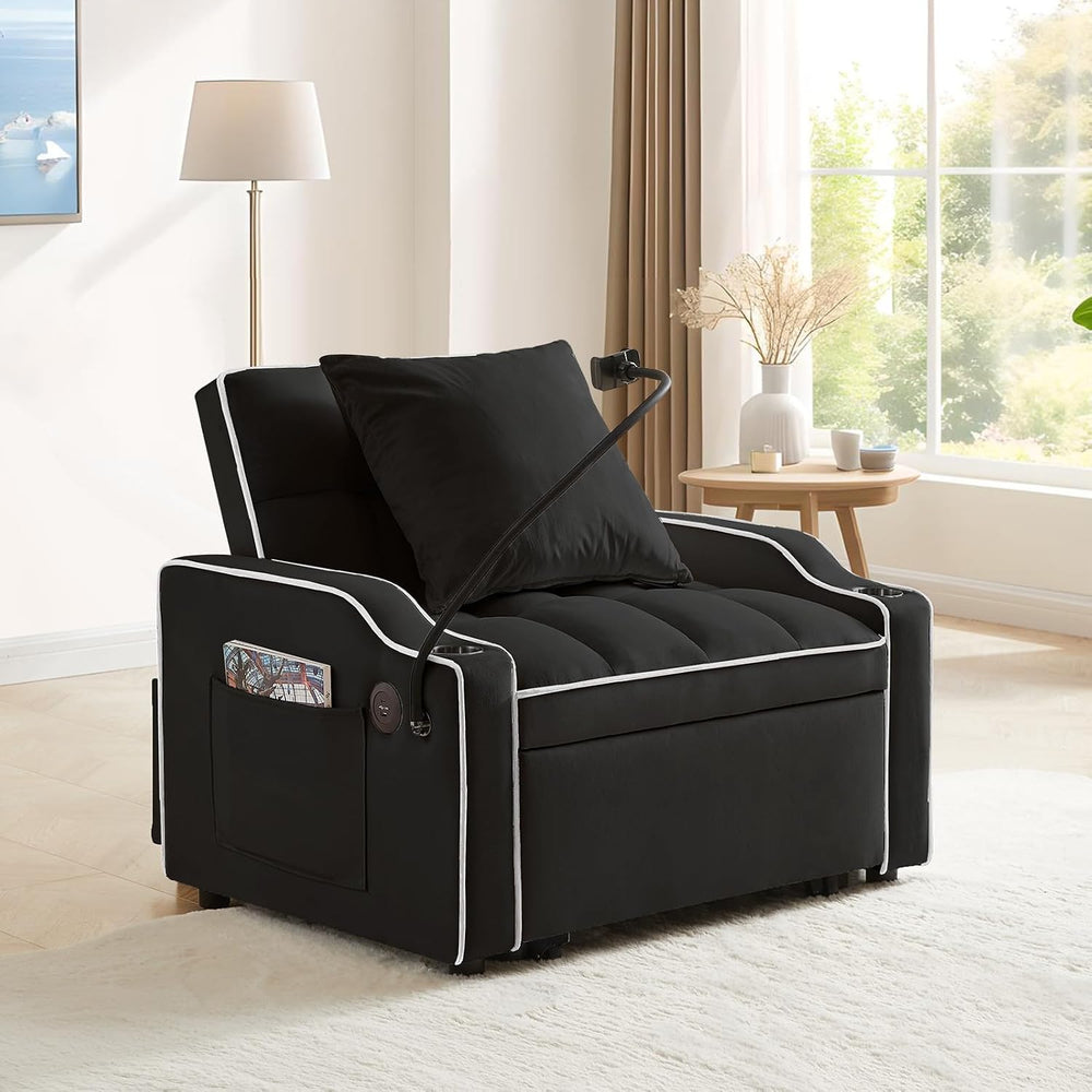 JEEOHEY Convertible Single Sleeper Velvet Futon Sleeper Sofa Bed with Phone H...