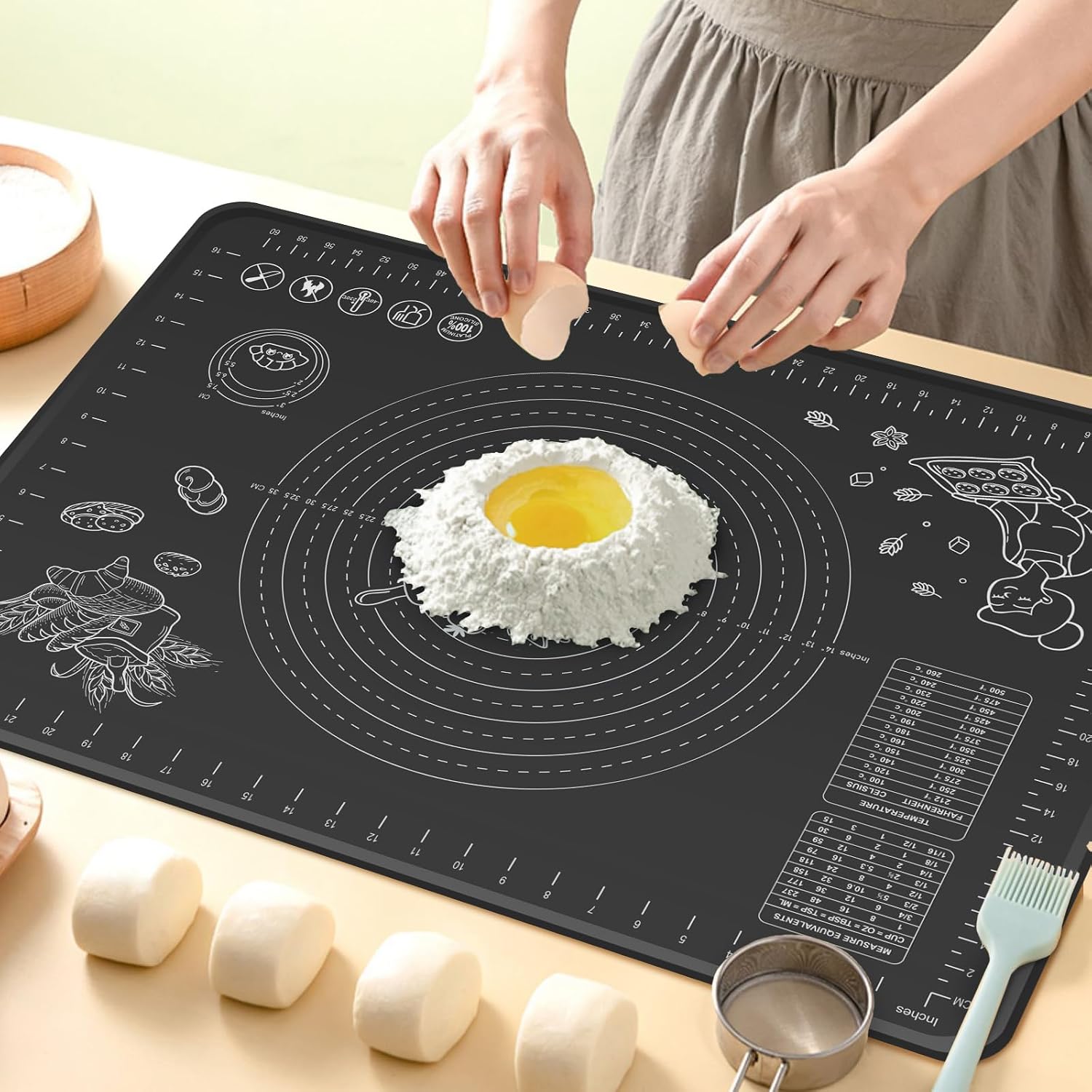 Silicone Baking Mat 32" x 24" Extra Thickness Dough Rolling Mat with Measurements and Edge Heightening, Non-stick Food Grade Silicone Pastry Mat for Pastry, Bread, Cookies, Pizza, Fondant, Pasta-Black