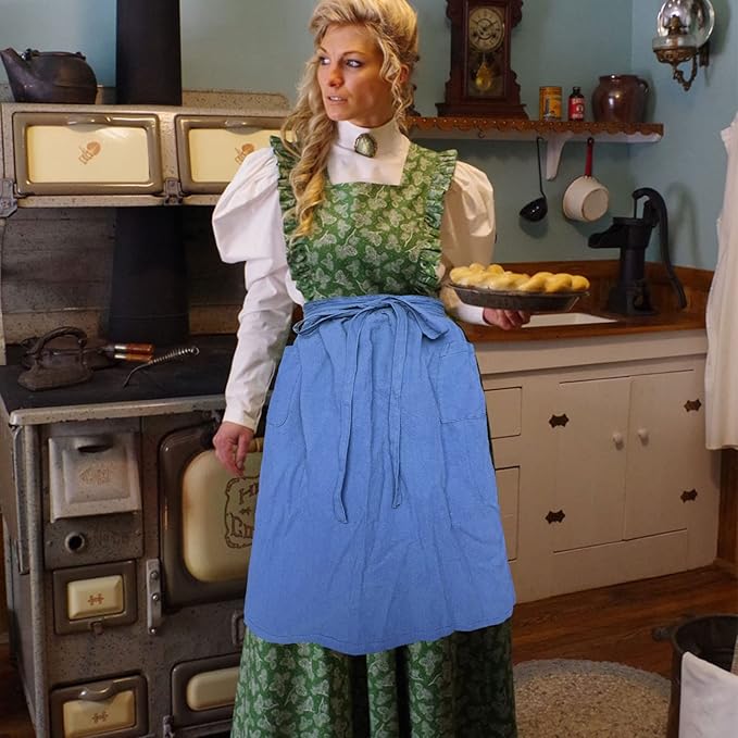 Cotton Linen Half Apron for Women Vintage Waist Apron Ruffle Plain Bright Color - Image 2