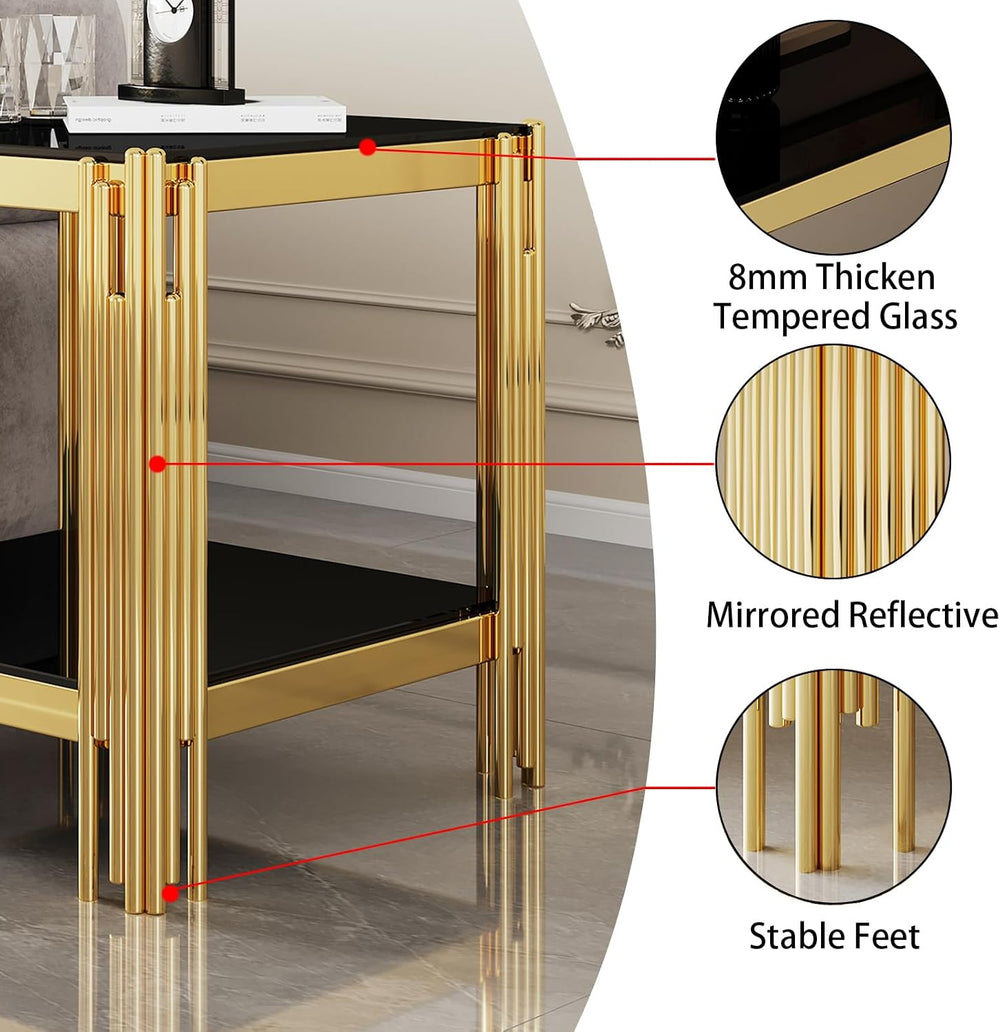 20” Square Glass End Table, 2-Tier Side Table with Black Tempered Glass Top G...