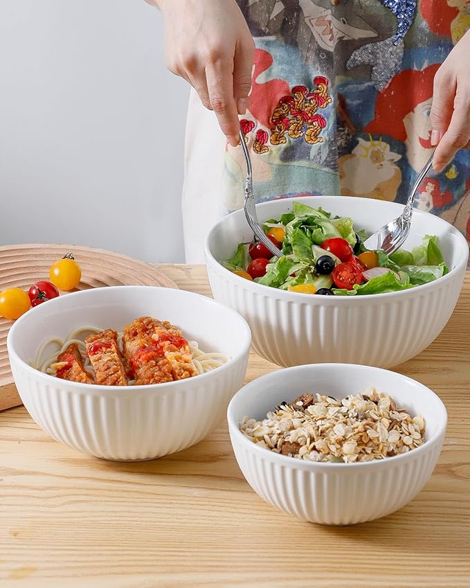 HASENSE Ceramic Ribbed Nesting White Bowls 1.5/1/0.5 Qt