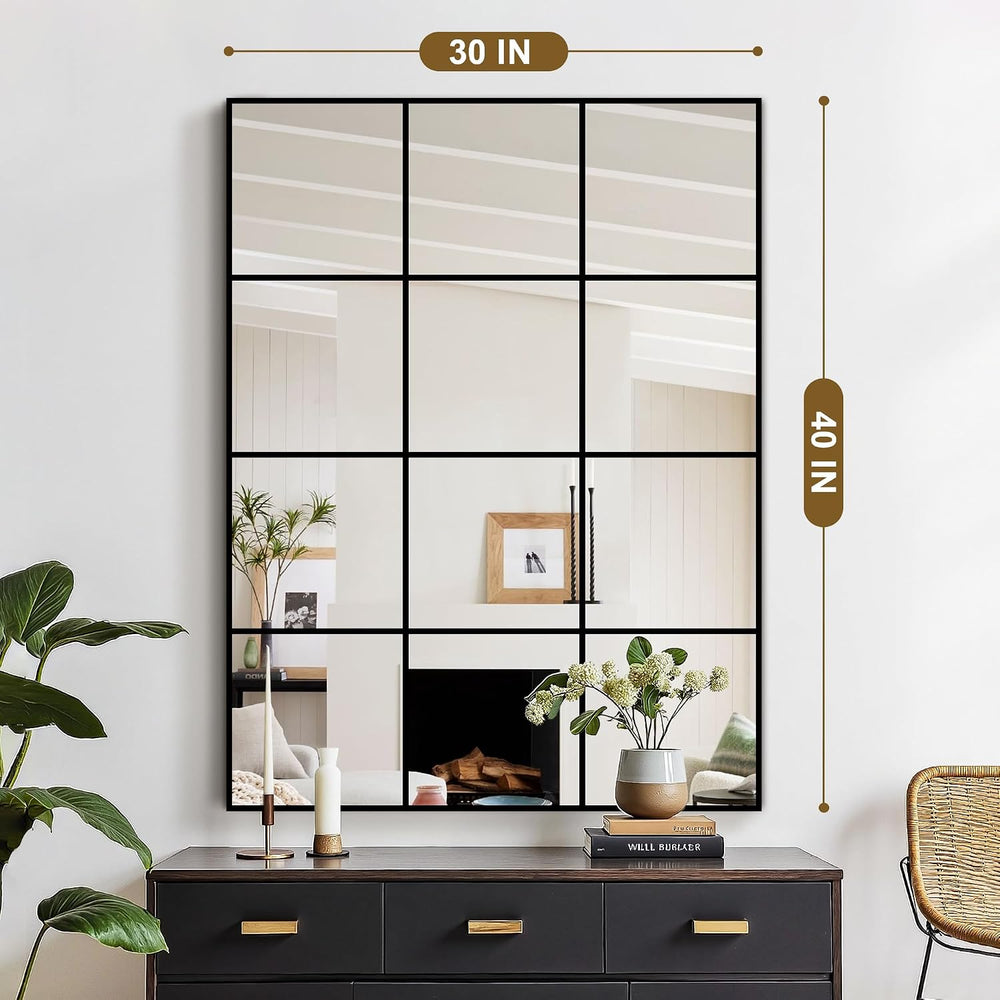 Window Pane Mirror for Wall Decor, 30" x 40" Decorative Mirror, Black
