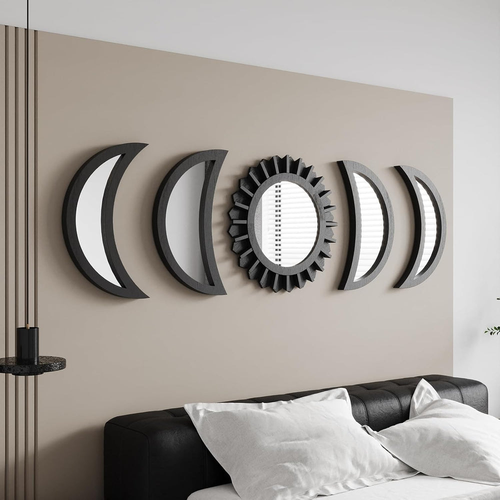 WAKOSAN Moon Phase Wall Mirror Set, 5PCS Wooden and Real Glass Mirrors