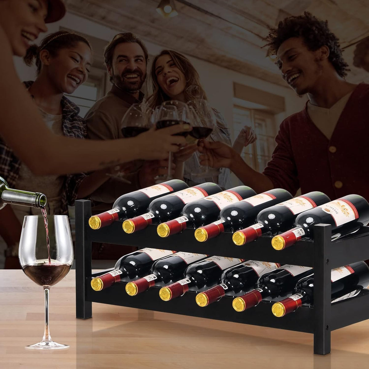COSTWAY 12 Bottles Wine Rack Countertop, Bamboo Wine Holder, Brown | 2-Tier Freestanding Wine Storage Shelf for Home, Kitchen, Bar, Pantry, Wine Cellar, Easy-Assembly (24.5L x 9.5W x 10H)